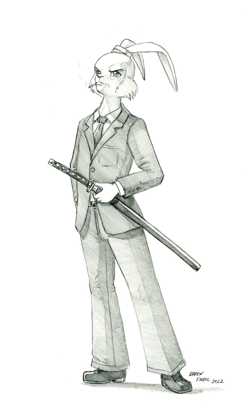 anthro business_suit cigarette clothing eyebrows footwear katana looking_at_viewer male melee_weapon necktie shoes simple_background solo suit sword weapon white_background baron_engel usagi_yojimbo miyamoto_usagi lagomorph leporid mammal rabbit graphite_(artwork) greyscale hi_res monochrome traditional_media_(artwork)