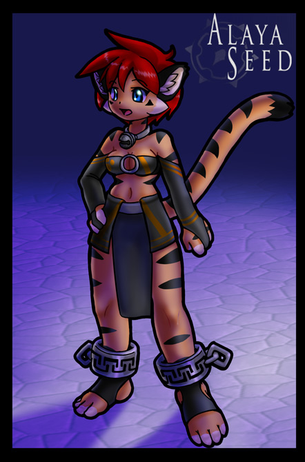 4_toes anthro big_breasts black_border black_stripes blue_eyes border breasts clothed clothing fantasy feet female fur hair orange_body orange_fur plantigrade red_hair solo spats stripes tail toes nekonny caribbean_blue tina_(caribbean_blue) felid mammal pantherine tiger