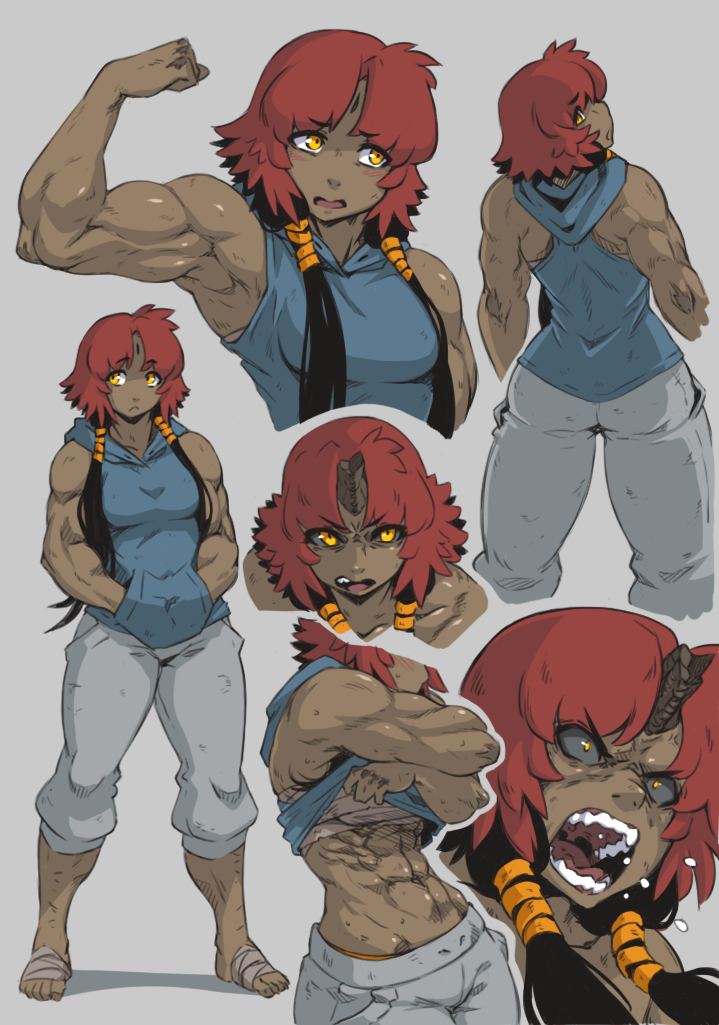 abs biceps big_muscles black_sclera blush bottomwear breasts brown_body brown_skin chest_wraps clothing dark_body dark_skin female flexing hair looking_back muscular muscular_female muscular_humanoid not_furry pants red_hair short_hair solo sweater topwear undressing wraps yellow_eyes hushabyevalley asian_mythology east_asian_mythology japanese_mythology mythology hanna_(hushabyevalley) demon humanoid oni yokai