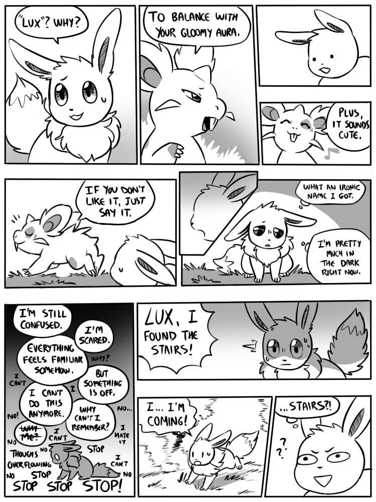 11_panel_comic ambiguous_gender black_eyes black_text bodily_fluids dialogue dot_eyes duo ellipsis exclamation_point eyebrows eyes_closed feral fluffy fluffy_tail fur grass horn inner_monologue neck_tuft open_mouth open_smile outside paws plant pupils quadruped question_mark questioning_ellipsis shrub smile speech_bubble sweat sweatdrop tail talking_to_another teeth text thinking tuft flavia-elric nintendo pokemon pokemon_mystery_dungeon spike_chunsoft lux_(yapc) rayne_(yapc) eevee generation_1_pokemon nidoran nidoran♀ pokemon_(species) 2019 3:4 comic digital_media_(artwork) english_text greyscale monochrome