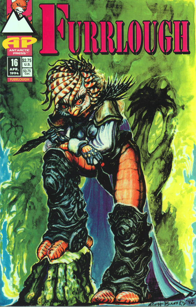 anthro brown_body brown_feathers clothing dagger feathers female gloves handwear melee_weapon solo text weapon white_body white_feathers scott_brooks antarctic_press furrlough avian 1993 comic cover english_text signature