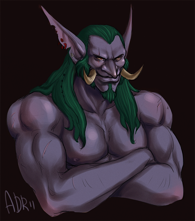 beard biceps black_background ear_piercing facial_hair green_hair hair male muscular muscular_humanoid muscular_male nipples not_furry nude pecs piercing purple_body purple_skin red_eyes scar simple_background smile solo tusks adr blizzard_entertainment warcraft humanoid