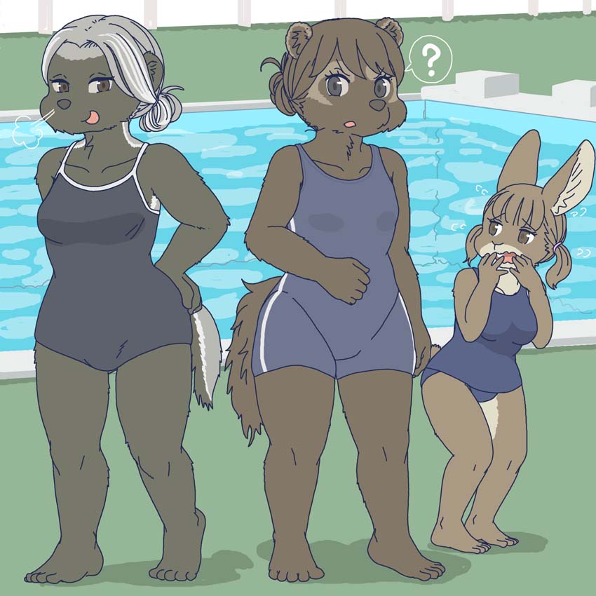 anthro barefoot breast_size_difference breasts clothed clothing day detailed_background feet female group humanoid_feet one-piece_swimsuit outside plantigrade poolside question_mark school_swimsuit standing swimwear trio water ekaki510 badger gulonine honey_badger lagomorph leporid mammal mustelid musteline rabbit wolverine 1:1