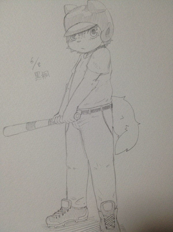 anthro ball baseball_(ball) baseball_(sport) baseball_bat bat_(object) biped clothing footwear fur hair kemono looking_at_viewer male shirt shoes simple_background solo sport topwear young young_anthro young_male kurokiriririri canid canine mammal unknown_species monochrome sketch