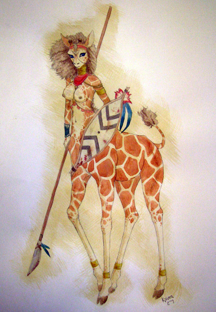 anthro blood blue_eyes bodily_fluids breasts female horn looking_at_viewer melee_weapon nipples ossicone polearm quadruped shield solo spear tail tail_tuft tribal tuft weapon kaiven giraffe giraffid giraffid_taur mammal mammal_taur taur 2009 hi_res