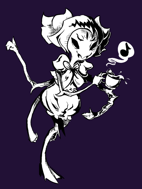 5_eyes 6_arms anthro container cup eighth_note female hair multi_arm multi_eye multi_limb musical_note musical_symbol purple_background simple_background solo symbol tea_cup tied_hair wednesdaysspecial undertale undertale_(series) muffet arachnid arthropod spider 3:4 black_and_white monochrome