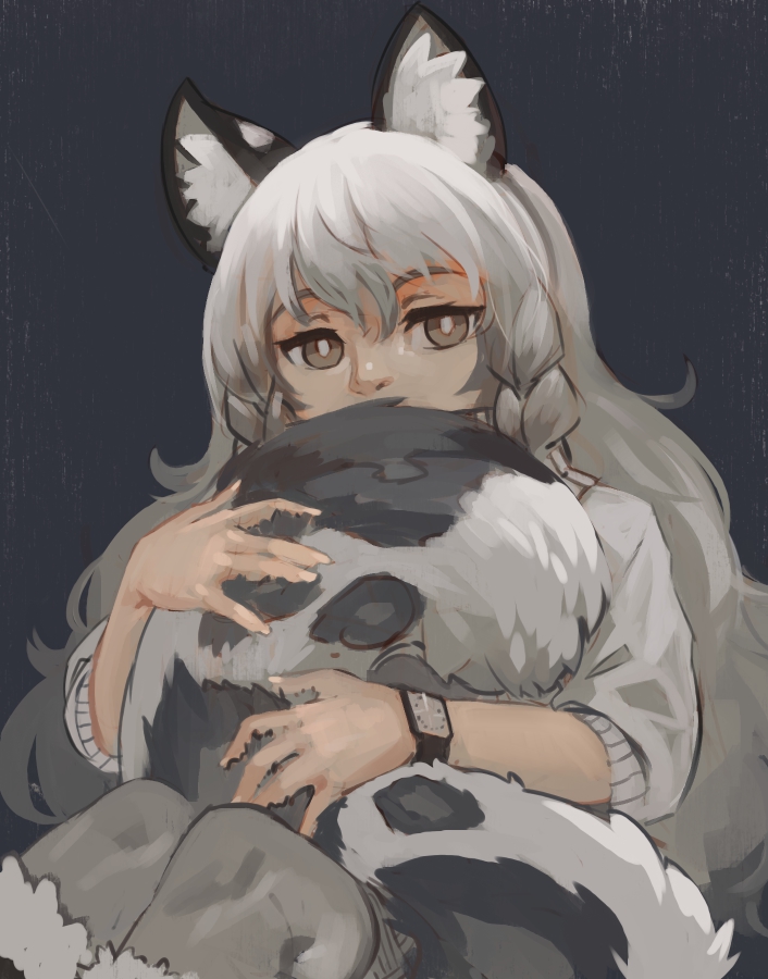 braided_hair clock female fluffy fluffy_tail grey_hair hair inner_ear_fluff simple_background sitting solo tail tail_hug tuft watch wristwatch paintrfiend arknights hypergryph studio_montagne pramanix_(arknights) animal_humanoid felid felid_humanoid humanoid mammal mammal_humanoid pantherine pantherine_humanoid snow_leopard_humanoid 2020