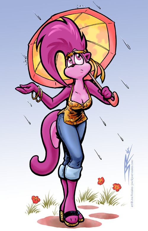 anthro big_hair bottomwear bracelet breasts cleavage clothed clothing denim denim_bottomwear denim_clothing female flower fur hair holding_object holding_umbrella jeans jewelry looking_up outside pants pink_body pink_eyes pink_fur pink_hair plant raining solo summer tail umbrella joe_rosales wildlifers musky_(character) mammal mustelid otter