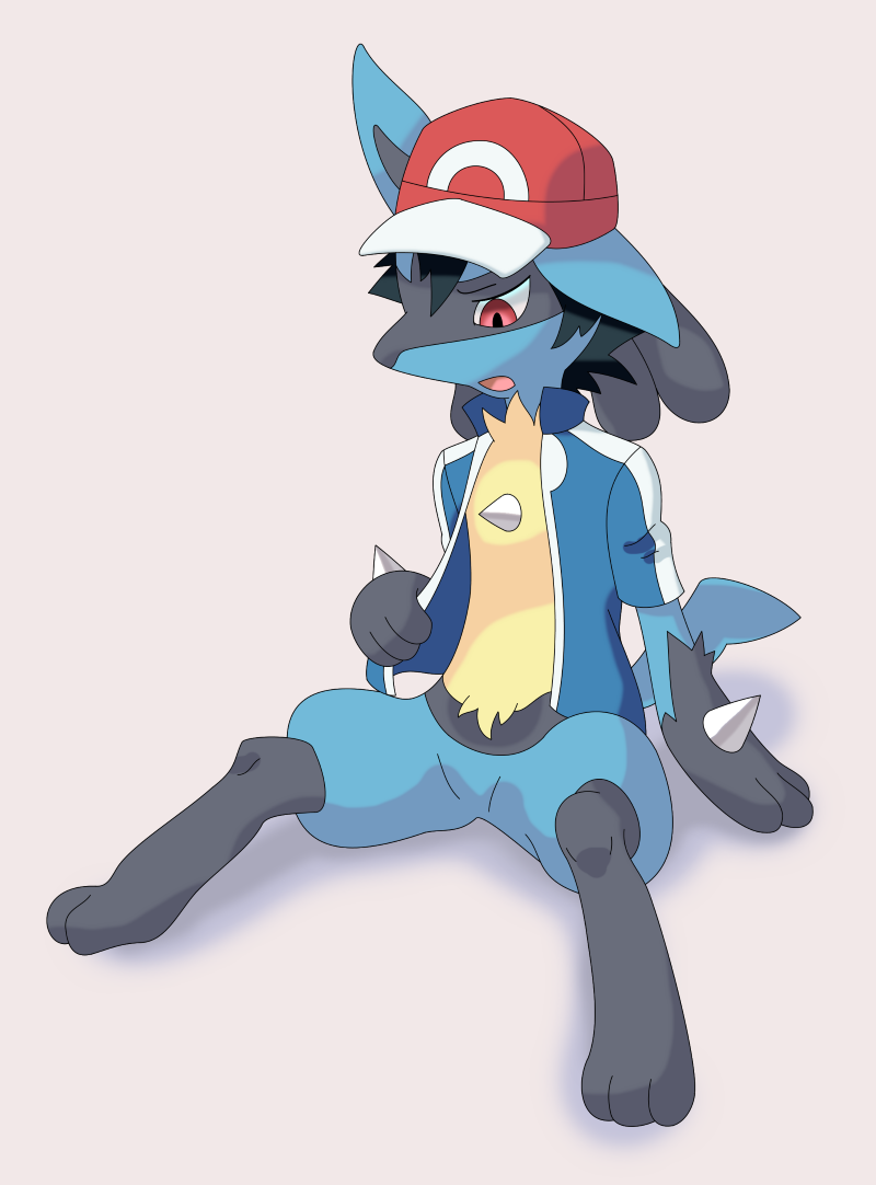 3_toes alternate_species ambiguous_gender anthro biped black_body black_fur blue_body blue_fur clothed clothing featureless_crotch feet fur grey_background hat headgear headwear implied_transformation open_mouth red_eyes simple_background solo spikes toes yellow_body yellow_fur yorusagi nintendo pokemon ash_ketchum pokemon_trainer canid generation_4_pokemon lucario mammal pokemon_(species) 2017