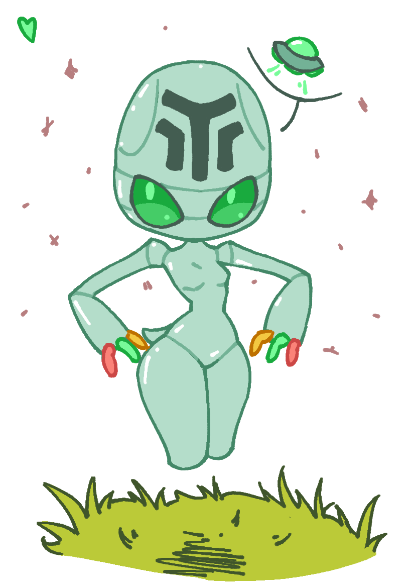 anthro breasts female floating flying_saucer grass_field green_body green_eyes long_arms markings mouthless occult_symbol sigil small_breasts small_waist solo sparkles symbol tail thick_thighs wide_hips heartear18 nintendo pokemon alien elgyem generation_5_pokemon humanoid pokemon_(species)