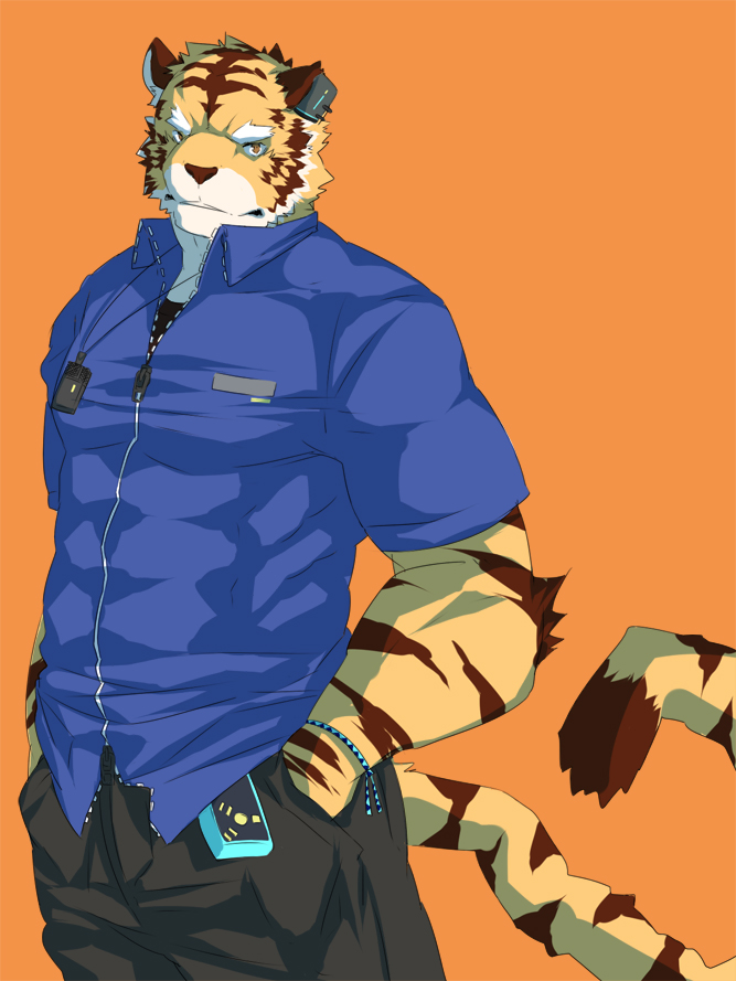 anthro big_muscles biped brown_body brown_eyes brown_fur brown_nose clothed clothing fully_clothed fur hand_in_pocket hands_in_both_pockets looking_at_viewer male muscular muscular_anthro muscular_male orange_background orange_body orange_fur pockets simple_background solo standing stripes tail white_background zipper kenn utau oyupo_kogane felid mammal pantherine tiger cel_shading shaded