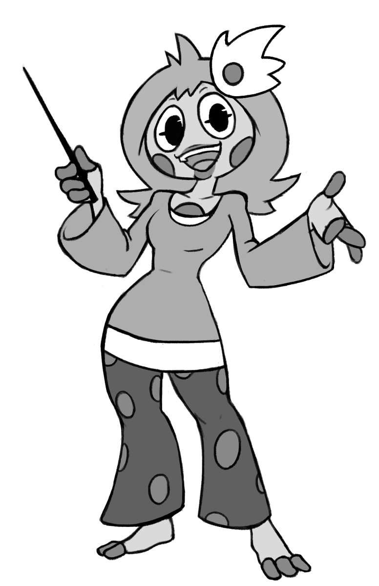 anthro breasts clothing dress female hair non-mammal_breasts open_mouth open_smile smile solo stick teacher wwwjam scalie_schoolie ms._lily amphibian common_coquí eleutherodactylus frog greyscale hi_res monochrome