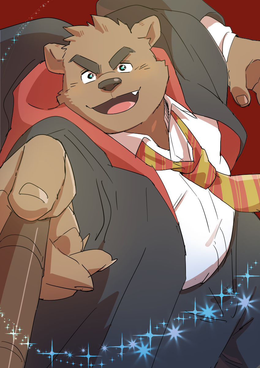 anthro bottomwear brown_nose clothed clothing gryffindor hogwarts_uniform kemono magic male necktie overweight overweight_male pants school_uniform shirt solo topwear uniform yuzpoco harry_potter_(series) bear mammal 2023 hi_res