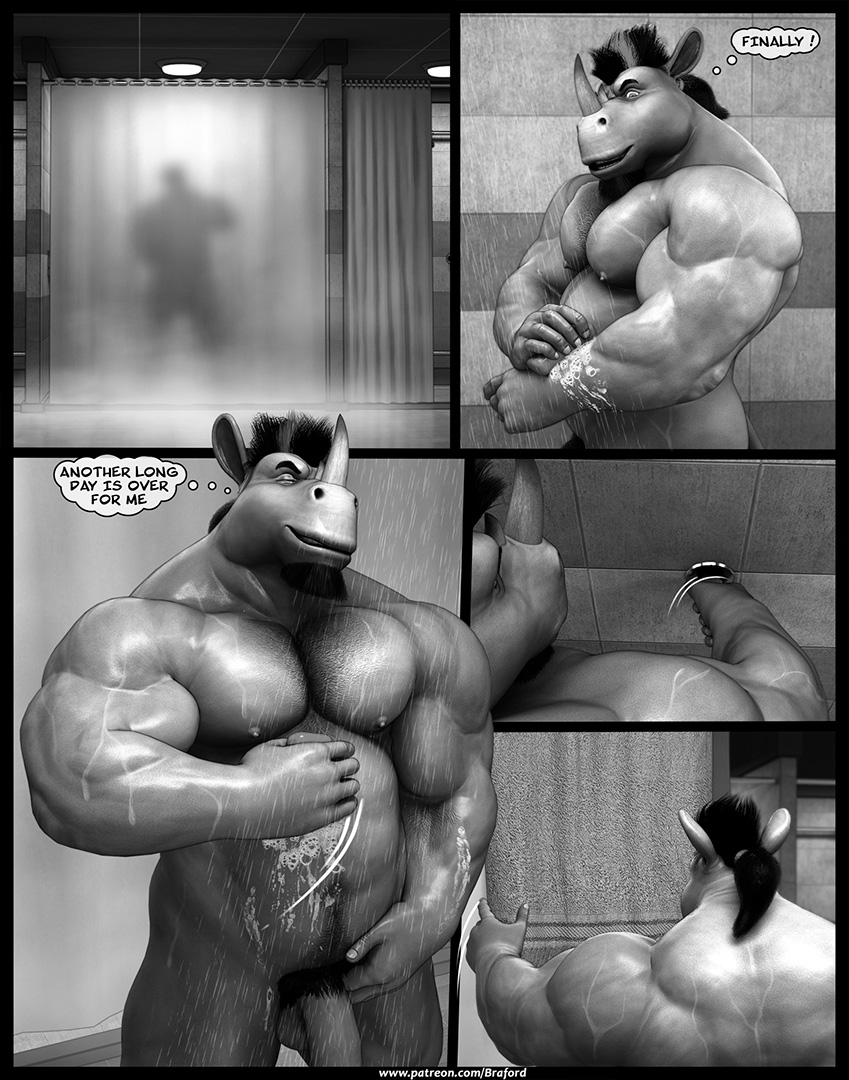 2_horns abs anthro balls bathing biceps curtains eyes_closed facial_horn genitals hair half-erect horn male musclegut muscular muscular_anthro muscular_male nipples nose_horn nude pecs penis ponytail pubes shower shower_stall soap solo thought thought_bubble towel washing_self water wet wet_body wet_skin braford chuck_(braford) mammal rhinoceros 2016 3d_(artwork) comic digital_media_(artwork) monochrome