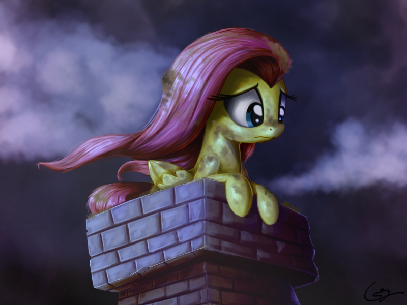 blue_eyes brick chimney cloud dirty eyelashes feathered_wings feathers female feral frown fur hair in_chimney pink_hair solo wings yellow_body yellow_fur mastgrr friendship_is_magic hasbro my_little_pony mythology fluttershy_(mlp) equid equine mammal mythological_creature mythological_equine pegasus 4:3