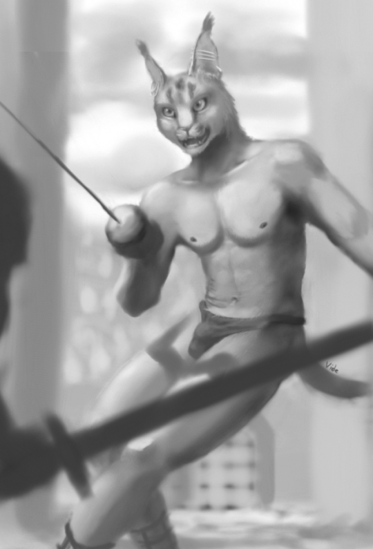 anthro bulge clothed clothing fencer fencing gladiator kemono male melee_weapon nipples rapier solo sword topless underwear warrior weapon vide caracal caracal_(genus) felid feline mammal greyscale monochrome