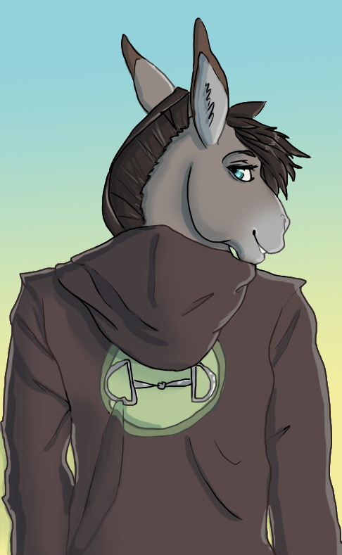 anthro black_eyebrows blue_eyes clothed clothing dipstick_ears ear_markings eyebrows fur grey_body grey_fur grey_inner_ear_fluff hoodie inner_ear_fluff looking_at_viewer male mane multicolored_ears solo standing topwear tuft earlybird asinus donkey equid equine mammal