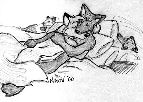 anthro bed cuddling duo eyes_closed fur furniture head_tuft hug hugging_another lying lying_on_another lying_on_bed male male/male nude on_back on_bed on_front pillow plushie romantic romantic_couple snout tail tuft sean_o'hare canid canine fox mammal red_fox true_fox 2000 graphite_(artwork) greyscale low_res monochrome signature sketch traditional_media_(artwork)