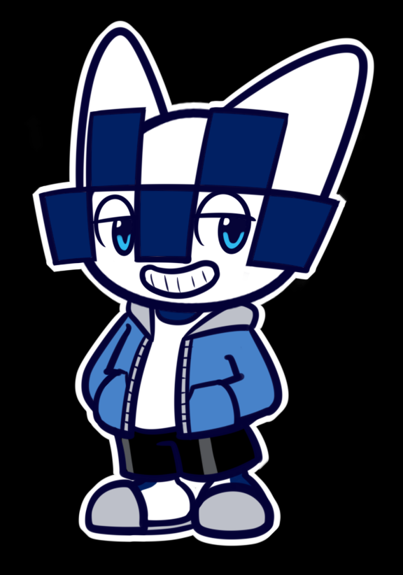 black_background male mascot simple_background smile solo 00freeze00 2020_tokyo_olympics olympics undertale undertale_(series) miraitowa sans_(undertale) humanoid 2019