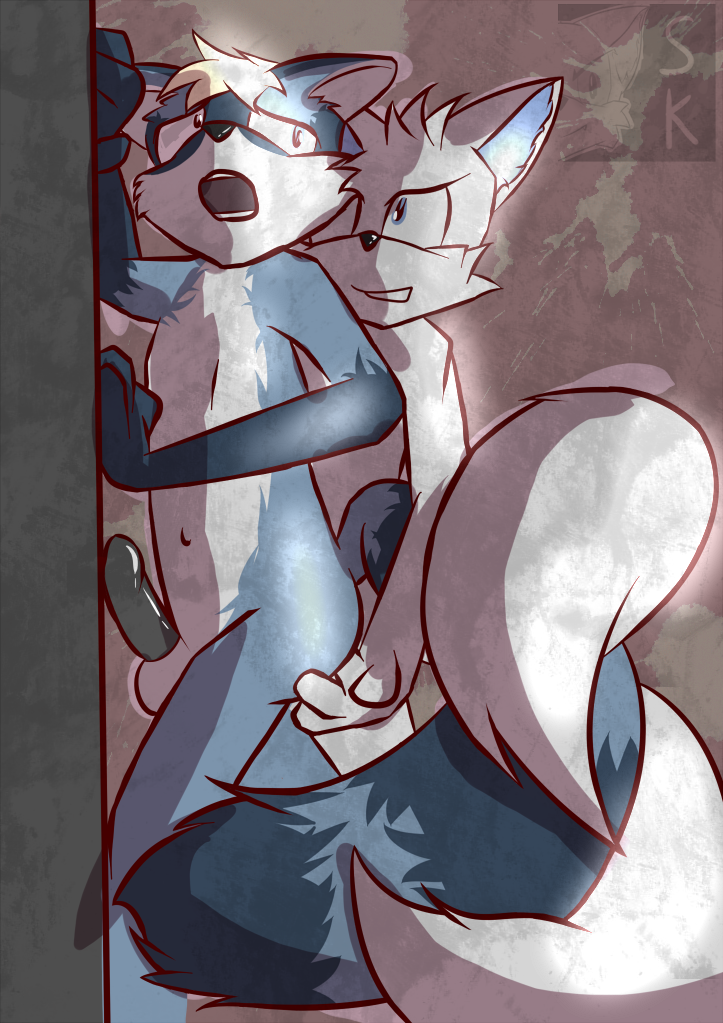 balls blue_eyes duo genitals male male/male navel penis secretkitsune flintxd_(character) secretkitsune_(character) canid canine fox mammal procyonid raccoon 2013