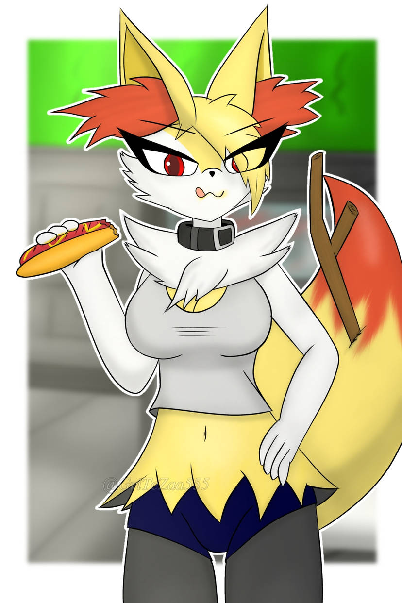 4_fingers anthro blurred_background female fingers food holding_food holding_hot_dog holding_object hot_dog inner_ear_fluff licking licking_lips looking_at_viewer red_eyes red_inner_ear_fluff solo standing tongue tongue_out tuft gritezaa555_(artist) nintendo pokemon braixen generation_6_pokemon pokemon_(species) 2:3 artist_name hi_res