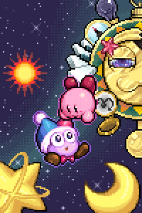 ambiguous_gender clothing duo_focus fool's_hat group hat headgear headwear moon not_furry outline planet_popstar star sun box_xod kirby_(series) nintendo kirby marx_(kirby) waddling_head 2018 2:3 digital_media_(artwork) low_res pixel_(artwork)