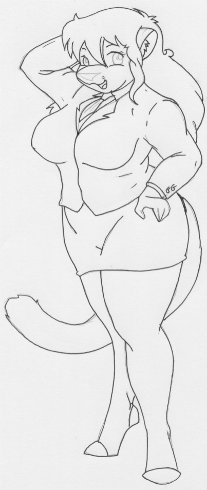 anthro big_breasts bottomwear breast_expansion breasts businesswear clothed clothing expansion female hair hand_behind_head hand_on_hip legwear necktie office_clothing open_mouth skirt slightly_chubby solo stockings thick_thighs weight_gain danellz kathy_(danellz) felid lion mammal pantherine 2009 monochrome sketch traditional_media_(artwork)