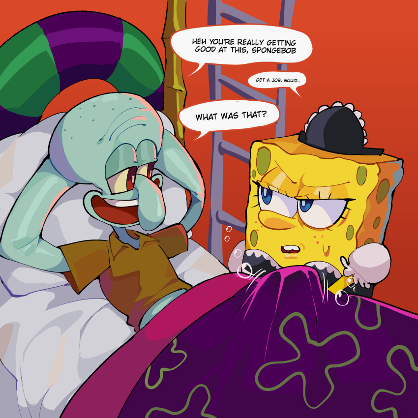 anthro bed blue_eyes brown_clothing brown_shirt brown_topwear clothing duo eye_contact floral_print furniture looking_at_another maid_uniform male motion_lines on_bed open_mouth pillow red_eyes red_tongue shirt spongebob's_pineapple teeth tongue topwear uniform yellow_body diforland nickelodeon spongebob_squarepants spongebob_squarepants_(character) squidward_tentacles cephalopod coleoid marine mollusk octopodiform octopus sea_sponge 1:1