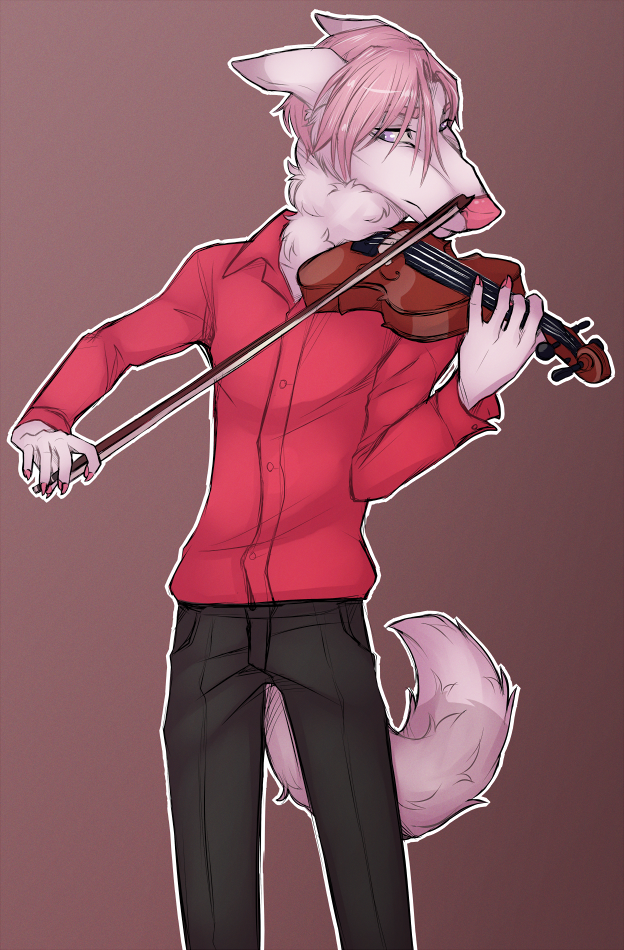 5_fingers anthro bottomwear bowed_string_instrument claws clothed clothing collared_shirt dipstick_ears dress_shirt ear_markings femboy fingers front_view fully_clothed fur hair holding_musical_instrument holding_object male multicolored_ears musical_instrument outline pants pink_hair pink_nose playing_music playing_violin shirt short_hair solo standing string_instrument topwear violin white_body white_fur ikazu borzoi canid canine canis domestic_dog hunting_dog mammal sighthound portrait three-quarter_portrait