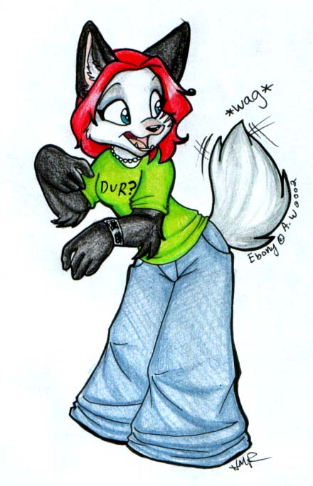 anthro blue_eyes bottomwear clothing female glamfur hair jewelry necklace pants red_hair shirt simple_background solo tail tail_motion tailwag topwear white_background zeriara ebony canid canine canis mammal wolf 2002 traditional_media_(artwork)