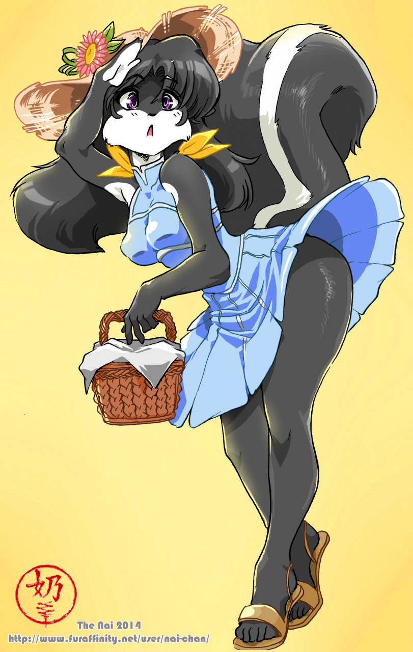 anthro basket black_hair breasts clothing container dress female flower footwear hair hat headgear headwear markings plant purple_eyes sandals shoes simple_background solo striped_markings striped_tail stripes tail tail_markings text yellow_background nai-chan mammal mephitid skunk 2014 hi_res url