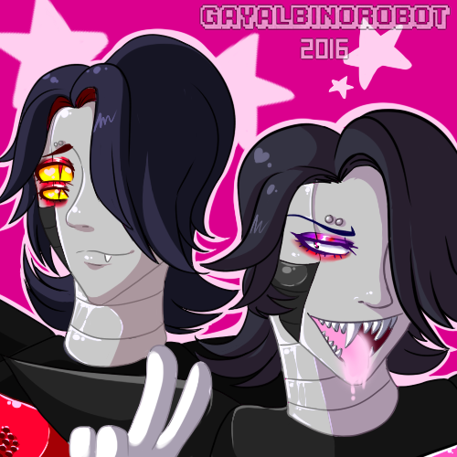 alternate_universe ambiguous_gender clothed clothing duo hair half-closed_eyes looking_at_viewer machine narrowed_eyes not_furry open_mouth smile teeth tongue tongue_out gaiki underfell undertale undertale_(series) mettaton mettaton_(underfell) mettaton_ex mettaton_ex_(underfell) android humanoid robot 1:1 2016 digital_media_(artwork) low_res