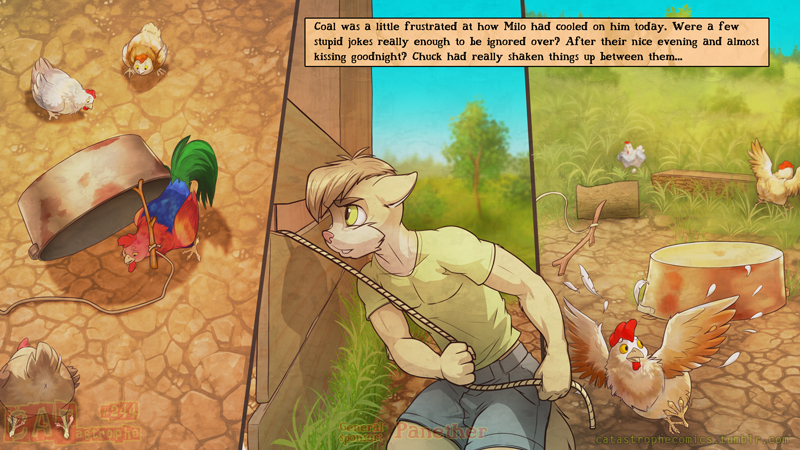 anthro female feral group male tail text faf milo_(catastrophe) avian bird chicken domestic_cat felid feline felis galliform gallus_(genus) mammal phasianid 16:9 english_text widescreen