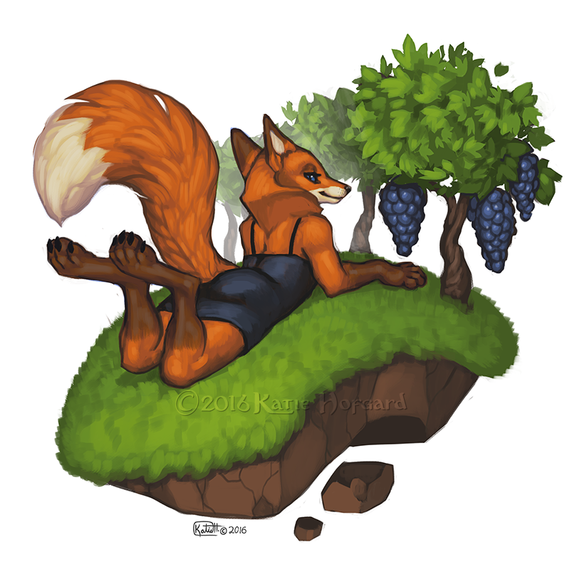 4_toes 5_fingers anthro blue_eyes clothed clothing digitigrade feet female fingers food fruit fur grape lying on_front orange_body orange_fur plant simple_background solo toes white_background katie_hofgard raina_(brian_edwards) canid canine fox mammal 1:1 2016 digital_media_(artwork)