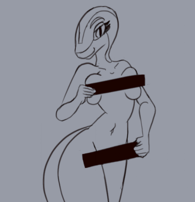 anthro bedroom_eyes breasts censor_bar covering covering_breasts covering_crotch covering_self female narrowed_eyes navel nude physical_censor_bar seductive simple_background smile smiling_at_viewer solo standing cross_country_detours looney_tunes merrie_melodies tex_avery warner_brothers rita_skopt lizard reptile scalie censored greyscale monochrome