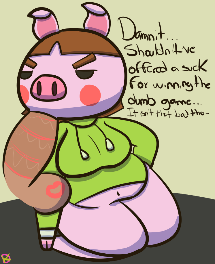 angry annoyed anthro bottomless clothed clothing disembodied_penis duo female genitals kiss_mark lipstick makeup male male/female offscreen_male oral oral_penetration partially_clothed penetration penis secretly_loves_it slightly_chubby slightly_chubby_female klutzatdusk animal_crossing nintendo truffles_(animal_crossing) domestic_pig human mammal suid suine sus_(pig)