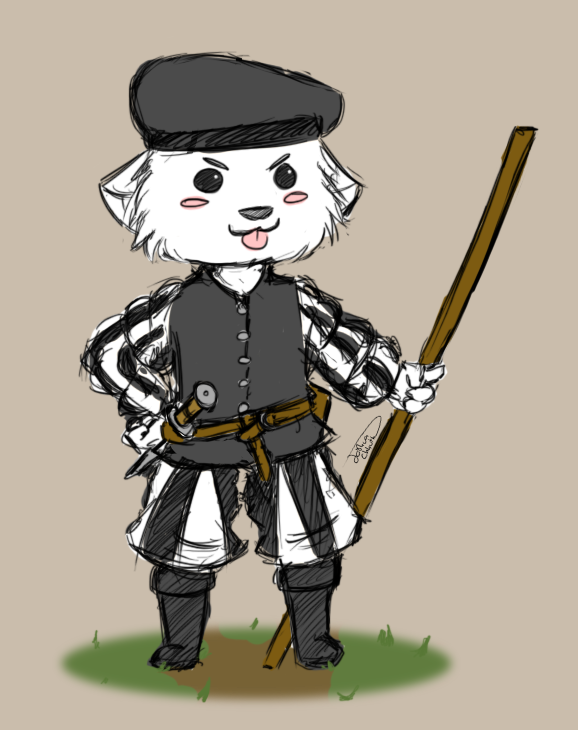 beret big_head boots chibi clothing dagger eyebrows fantasy footwear fur hat headgear headwear landsknecht melee_weapon shoes simple_background solo staff tongue tongue_out toony uniform weapon white_body white_fur conkerbirdy marko_burns canid canine canis domestic_dog mammal pomeranian spitz