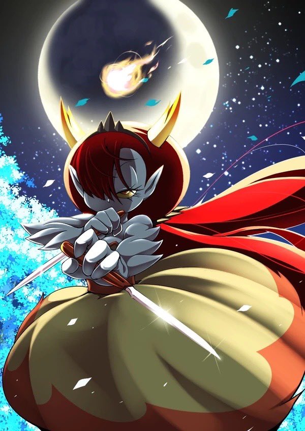 black_tiara clothed clothing dress female fire hair humanoid_pointy_ears lidded_eyes long_hair moon night not_furry one_eye_visible pale_skin plant pointy_ears red_eyes red_hair sky solo star starry_sky tree weapon yellow_sclera cocco disney star_vs._the_forces_of_evil hekapoo humanoid