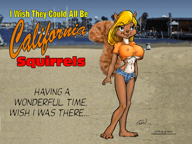 anthro beach beach_background blonde_hair bottomwear breasts buckteeth california clothing copyright_symbol denim denim_bottomwear denim_clothing denim_shorts female hair midriff nipple_outline play_on_words postcard shorts solo squirrel_tail symbol teeth text under_boob water doug_winger mammal rodent sciurid tree_squirrel 1996 signature