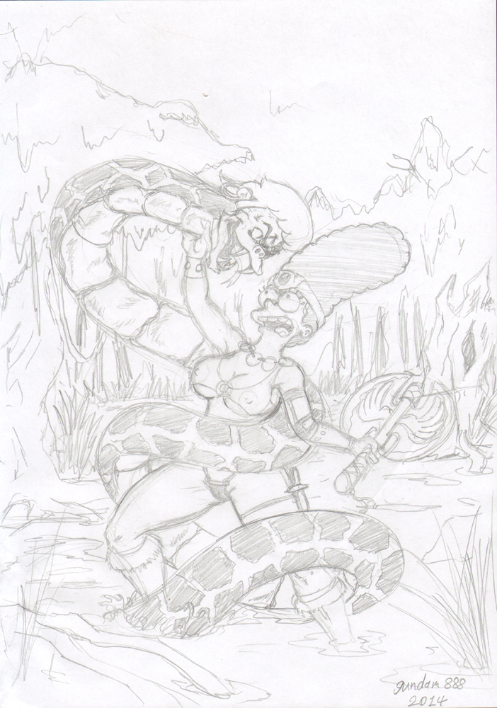 animal_body axe biped breasts coiling duo female feral fight for_a_head forest holding_object holding_weapon jungle male melee_weapon plant standing tree weapon gundam888 the_simpsons marge_simpson human mammal reptile scalie snake 2014 graphite_(artwork) signature traditional_media_(artwork)