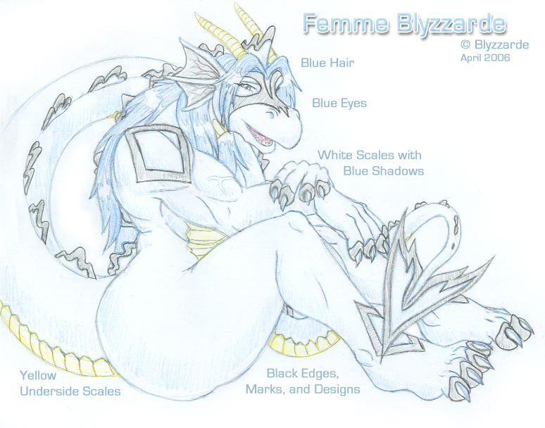 anthro big_breasts blue_eyes blue_hair breasts copyright_symbol female hair horn markings multicolored_body multicolored_scales non-mammal_breasts nude open_mouth scales sitting solo symbol text thick_thighs two_tone_body two_tone_scales ventral_scales white_body white_scales yellow_body yellow_scales blyzzarde mythology blyzzarde_(character) dragon mythological_creature mythological_scalie scalie 2006 english_text traditional_media_(artwork)