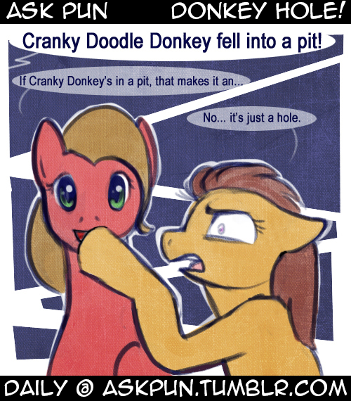 brown_hair dialogue duo female feral green_eyes hair humor joke looking_at_viewer pun text unknown_artist ask_pun hasbro my_little_pony tumblr fan_character marigold_(ask_pun) pun_pony earth_pony equid equine horse mammal pony comic english_text url