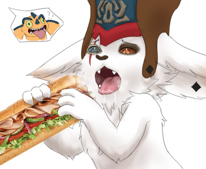 anthro blind_eye bodily_fluids clothing duo food food_fetish food_play fur hat headgear headwear open_mouth question_mark saliva sandwich_(food) scales simple_background solo_focus submarine_sandwich surprise teeth tongue tongue_out white_background white_body white_fur barrierfield league_of_legends riot_games sandwich_censorship tencent kled_(lol) skaarl_(lol) mammal reptile scalie yordle digital_media_(artwork) meme mixed_media photography_(artwork)