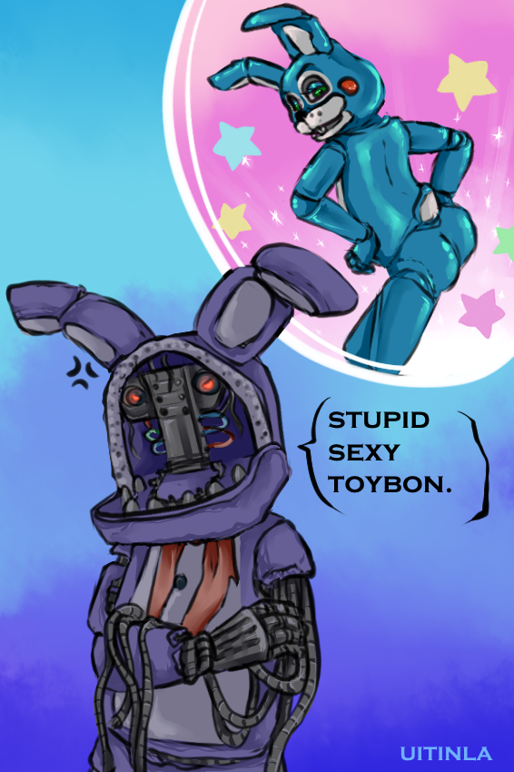 anthro blue_body blush bow_(feature) bow_tie butt exposed_endoskeleton glistening glowing glowing_eyes green_eyes humor machine pose purple_body smile solo teeth wire uitinla five_nights_at_freddy's five_nights_at_freddy's_2 scottgames toy_bonnie_(fnaf) withered_bonnie_(fnaf) animatronic lagomorph leporid mammal monster rabbit robot 2018 meme pinup