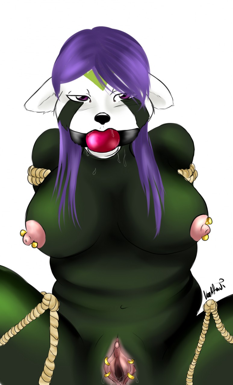 anthro ball_gag bdsm bodily_fluids bondage bound breasts drooling female fur gag gagged genitals looking_at_viewer nipples nude piercing pussy saliva slightly_chubby solo spread_legs spreading kaeaskavi ailurid mammal red_panda hi_res