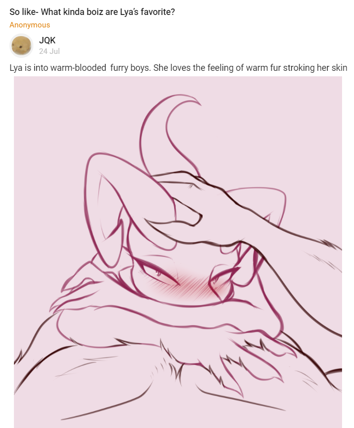 anthro ask_blog blush cuddling duo female first_person_view fur headpat looking_at_viewer lying male male/female on_top petting size_difference smaller_female text jarnqk curious_cat lya_(jarnqk) kobold scalie 2022 digital_media_(artwork) english_text sketch