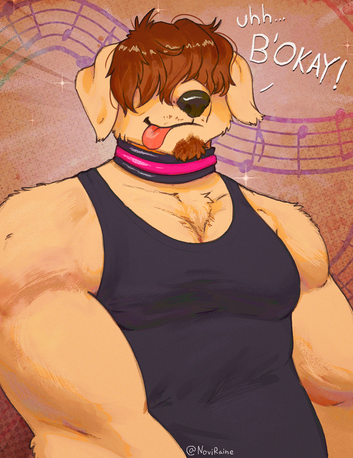 anthro biceps black_clothing black_nose black_shirt black_tank_top black_topwear brown_hair chest_tuft clothing collar dialogue exclamation_point facial_hair fur goatee hair hair_over_eyes male messy_hair muscular muscular_male musical_note musical_symbol pecs pink_tongue shirt slightly_chubby slightly_chubby_male smile solo symbol tank_top tongue tongue_out topwear tuft yellow_body yellow_fur noviraine ahmedz bird_dog canid canine canis domestic_dog golden_retriever hunting_dog mammal retriever 2024 digital_media_(artwork) portrait signature