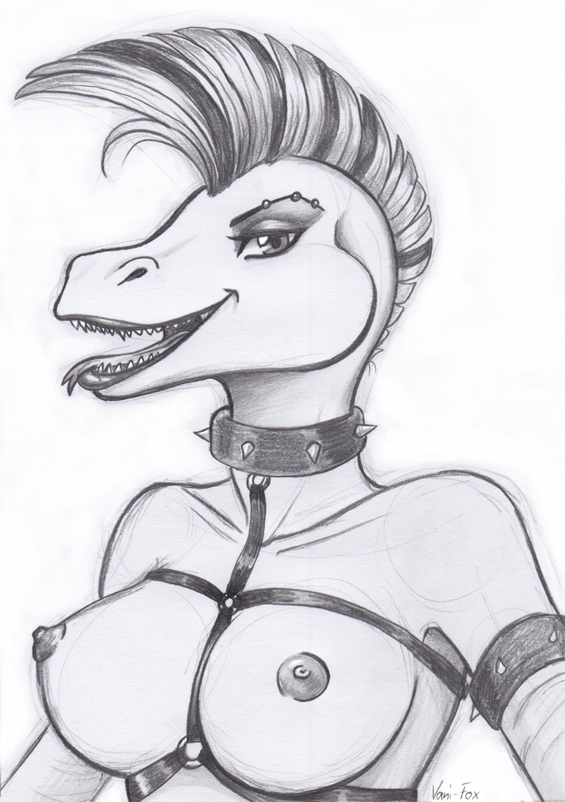 anthro areola breasts collar female looking_at_viewer nipples non-mammal_breasts non-mammal_nipples smile solo spiked_collar spikes vani-fox reptile scalie snake monochrome sketch