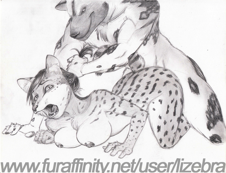 all_fours anthro breasts chest_tuft duo female from_behind_position hair looking_at_viewer male male/female nipples nude pulling_hair sex spots tongue touching_hair tuft lizebra african_wild_dog canid canine felid feline mammal serval 2011 monochrome watermark