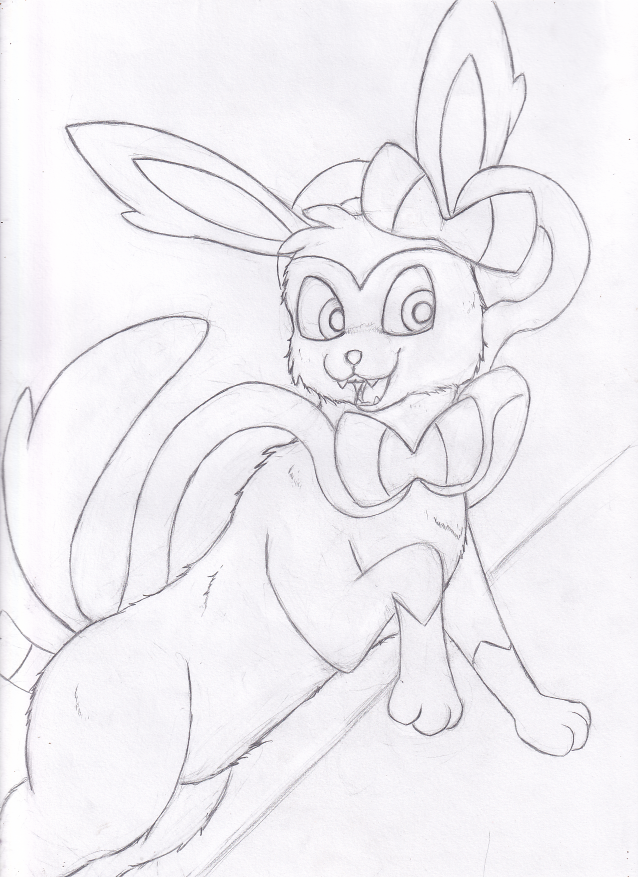 ambiguous_gender bow_(anatomy) fangs feral fur hair_bow_(anatomy) head_tuft neck_bow_(anatomy) open_mouth quadruped ribbons ribbons_(anatomy) smile solo tail teeth tuft vulnec nintendo pokemon eeveelution generation_6_pokemon pokemon_(species) sylveon graphite_(artwork) traditional_media_(artwork)